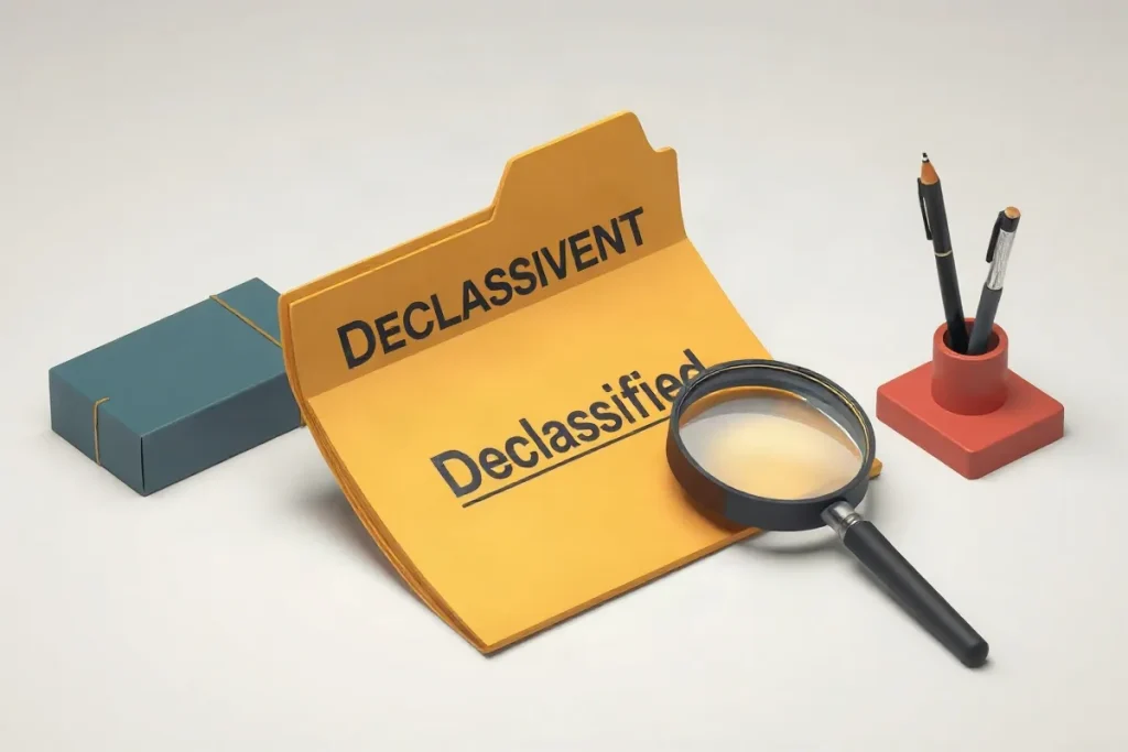 Hero illustration for the article “How a Document Is Declassified: Steps and Criteria Explained”